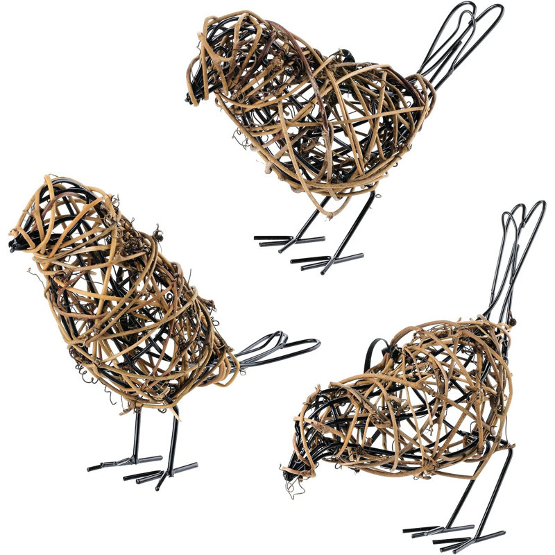Ensemble de 3 statues d'oiseaux en rotin tissées à la main