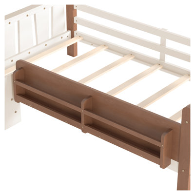 Structure de lit simple en bois massif pour enfants avec bibliothèques de rangement, escaliers et barrières de sécurité, aucun sommier nécessaire