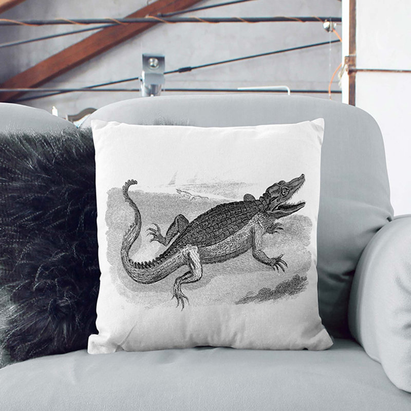 Crocodile In Black And White Square Throw Cushion, 40cm H x 40cm W x 15cm D, Black