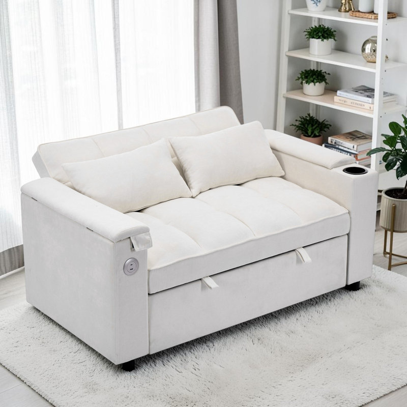 2 Seater Fabric Sofa Bed, Beige Fabric