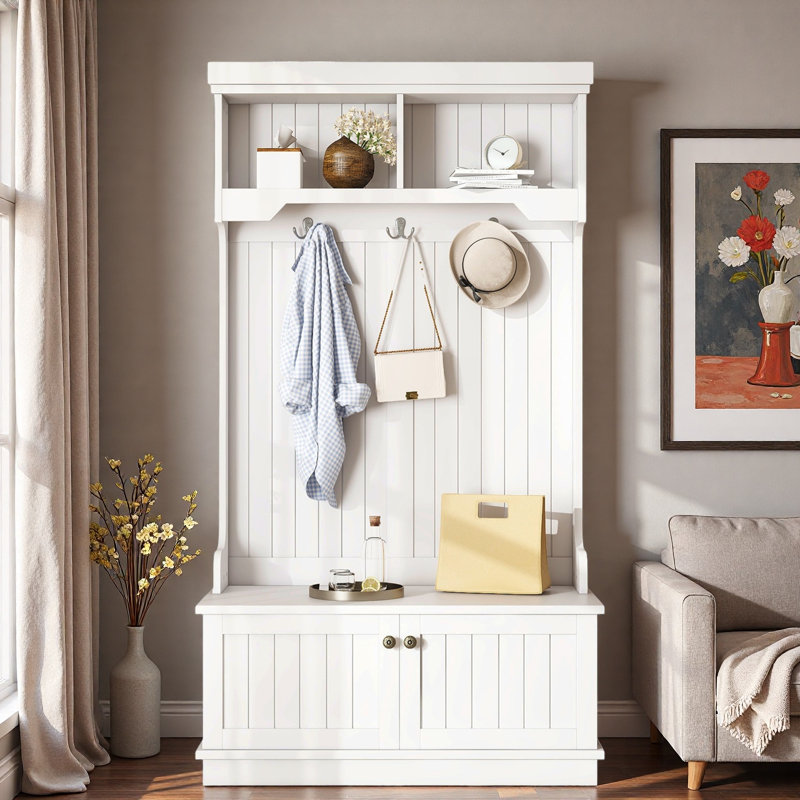Hall Tree With Storage Cabinets, Display Shelves, Hooks And Shoe Bench, White