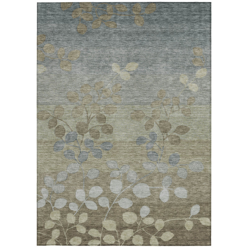Tapis extérieur lavable floral kaki et gris 10 pi x 14 pi