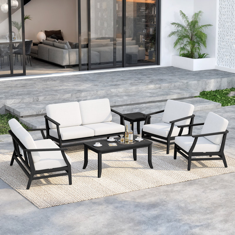 Polett Teak Outdoor Six-person Patio Set With Cushions And Two Tables, Beige, Black