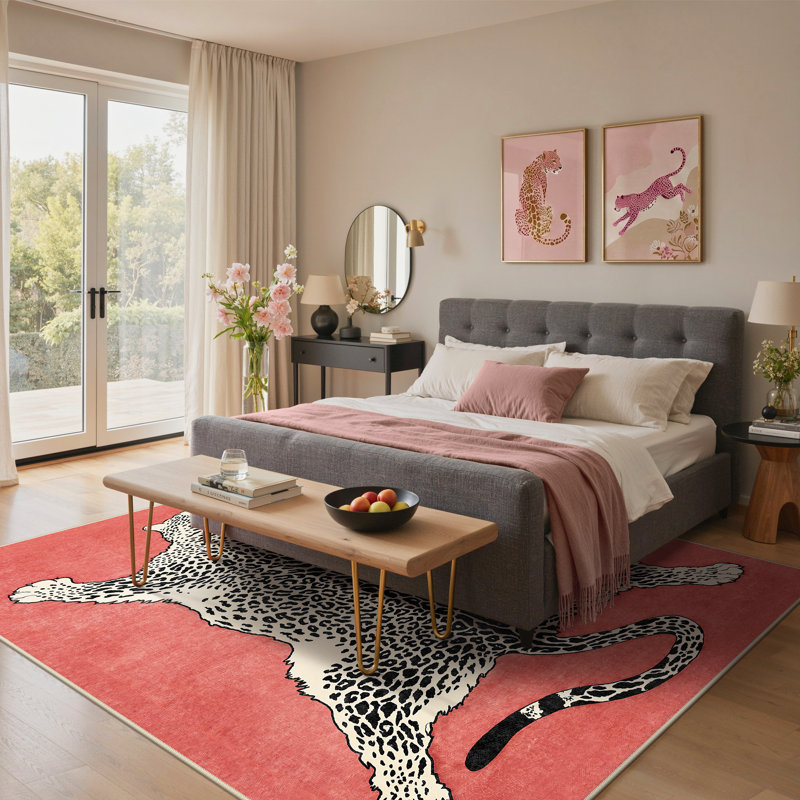 Alinda Talon Animal Print Red / Beige / Black Machine Washable Area Rug, Rectangle 5' x 7', Red / Beige / Black