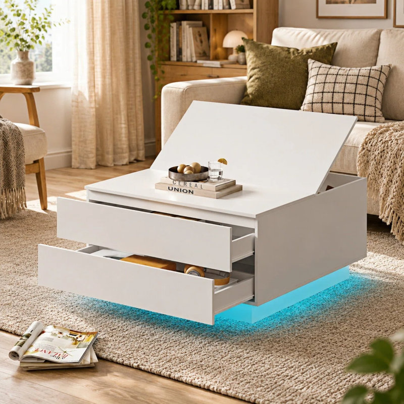 Pedestal Coffee Table with Storage, White