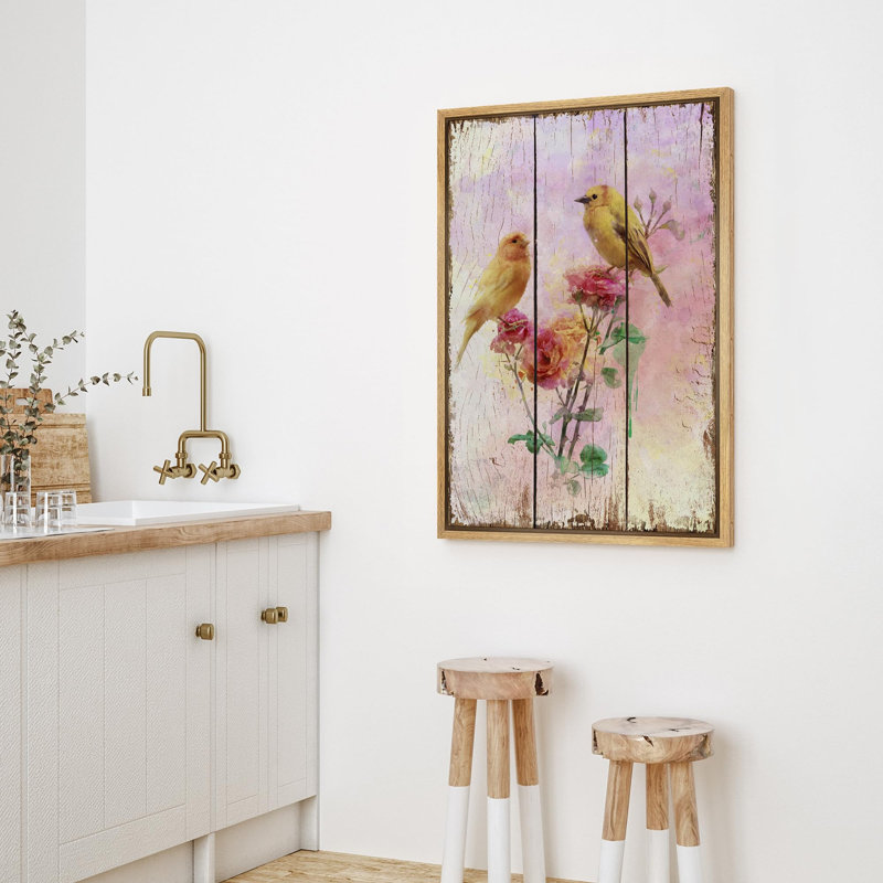 Fleur, aquarelle, canari et roses sur panneaux de bois, Cadre naturel flottant, H 24 po x l 16 po