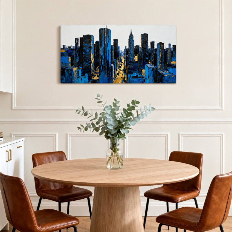 Scènes et paysages urbains abstraits, paysage urbain, tours bleues et dorées, H 20 po x l 40 po
