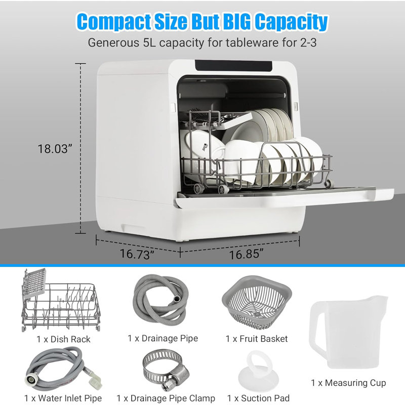 White Compact Countertop Dishwasher with Built-In Water Tank