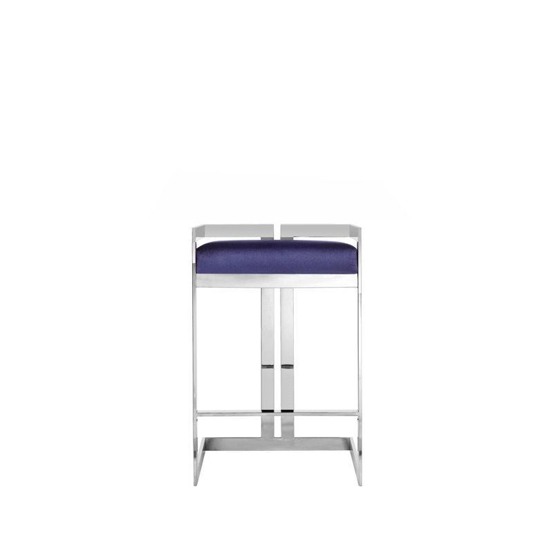 Tabouret de bar et de comptoir Kenzie, Velours bleu marine, Argent