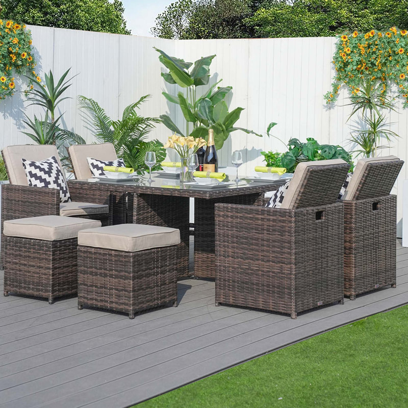 8 - Person Wicker Patio Dining Set with Square Table , Cushions Included, Brown