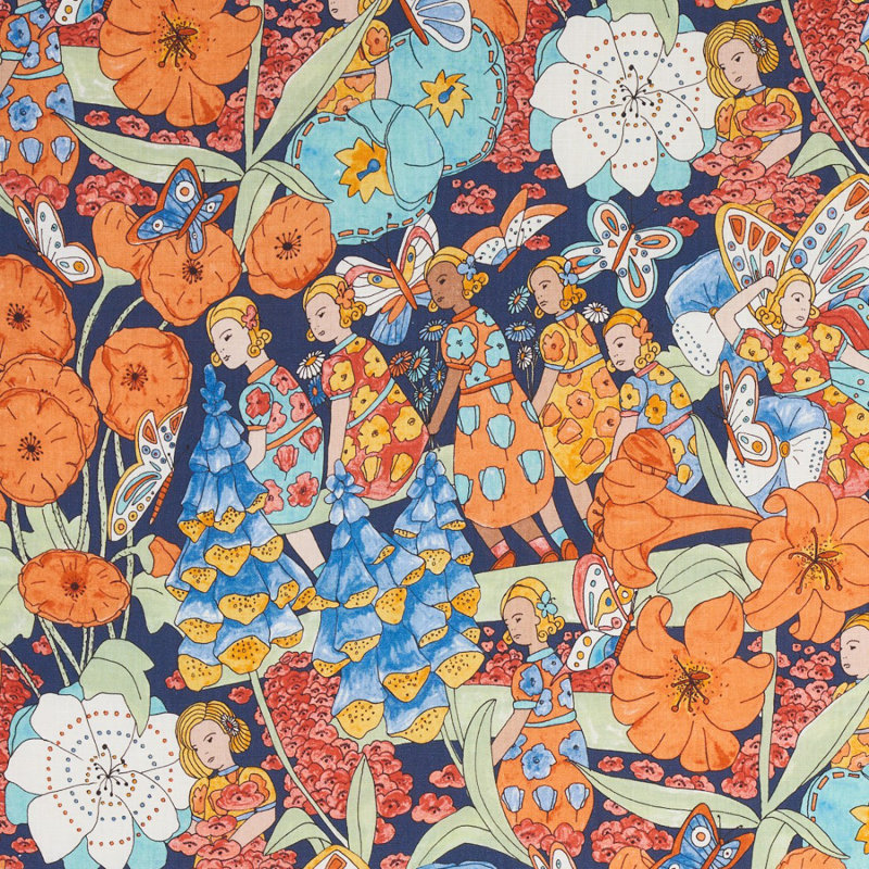 Tissu de jardin Schumacher x Clements Ribeiro, Orange / bleu marine