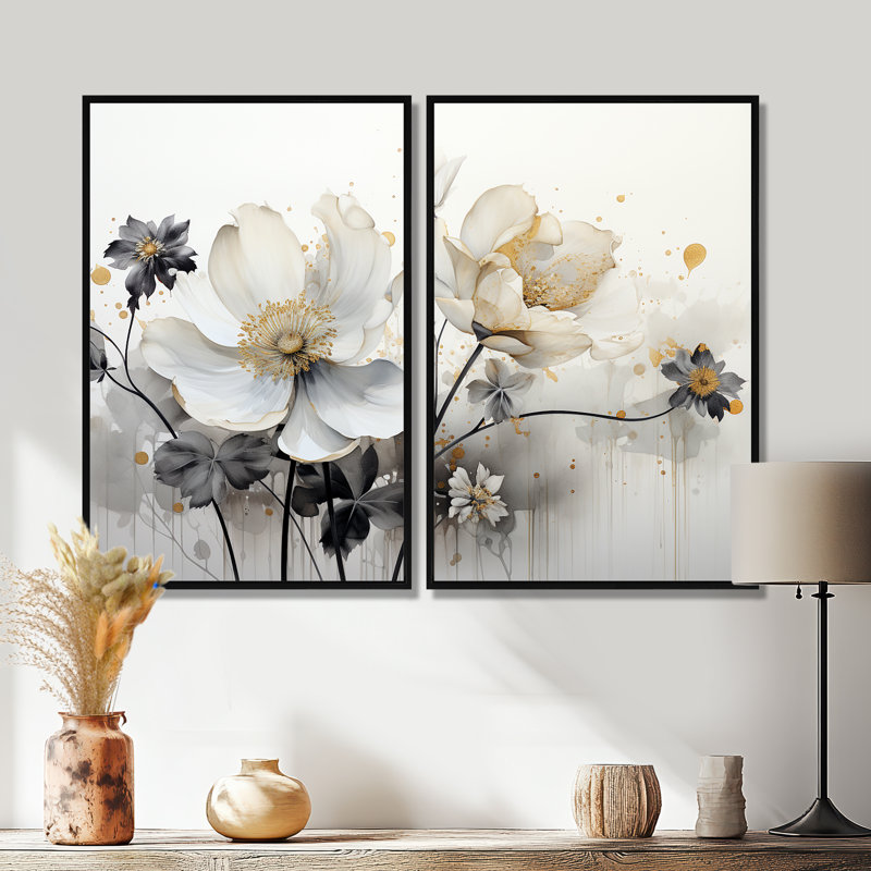 Fleurs beiges en pleine floraison II - grandes fleurs, impressions sur toile, 36" H x 48" W, Framed Print without Mat, Black