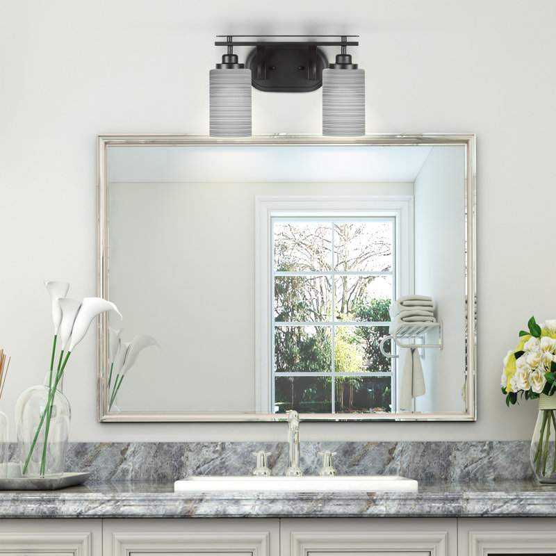 Barre d'éclairage de salle de bain 2 lumières Roderik avec verre matriciel de 4 po, Gris, Noir mat