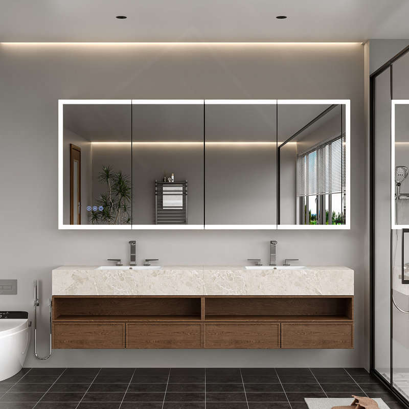 LED Lighted Medicine Cabinet With Mirror, 72*32Inches Bathroom Mirror Cabinet With Lights,Recessed Or Wall Mounted, 3 Color Temperaturesanti-Fog