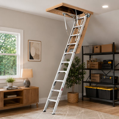 Aluminum Attic Ladder - Retractable Loft Stairs, Folding Pull-Down Design, Manual Lifting for 7'8"-10'3" Ceiling Height, 22.5" x 54", 375 lbs Capacity