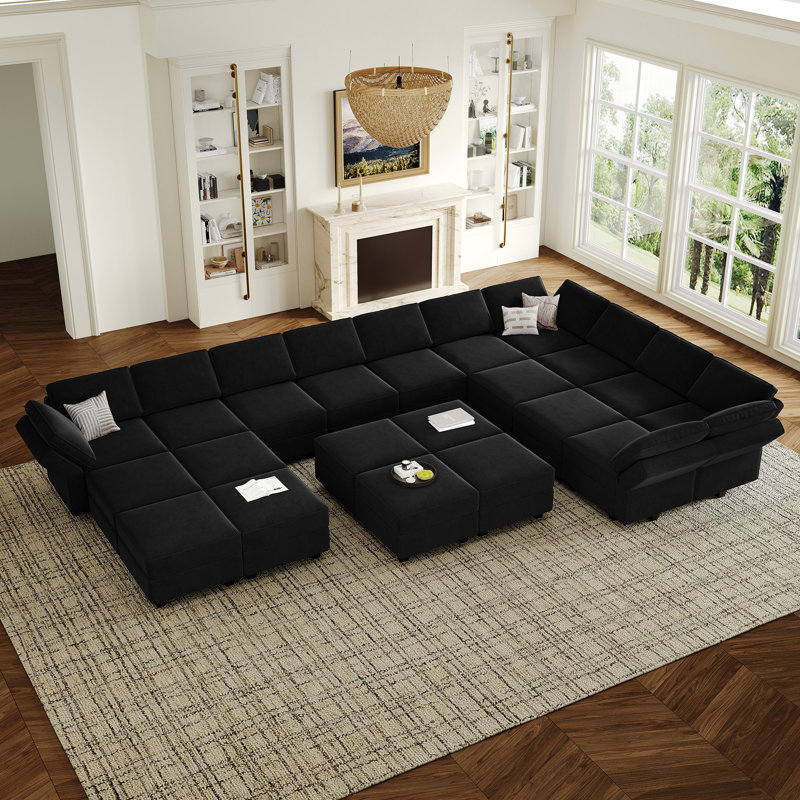 Wylodene 116.6'' Wide Velvet Reversible Modular Corner Sectional, Black Velvet