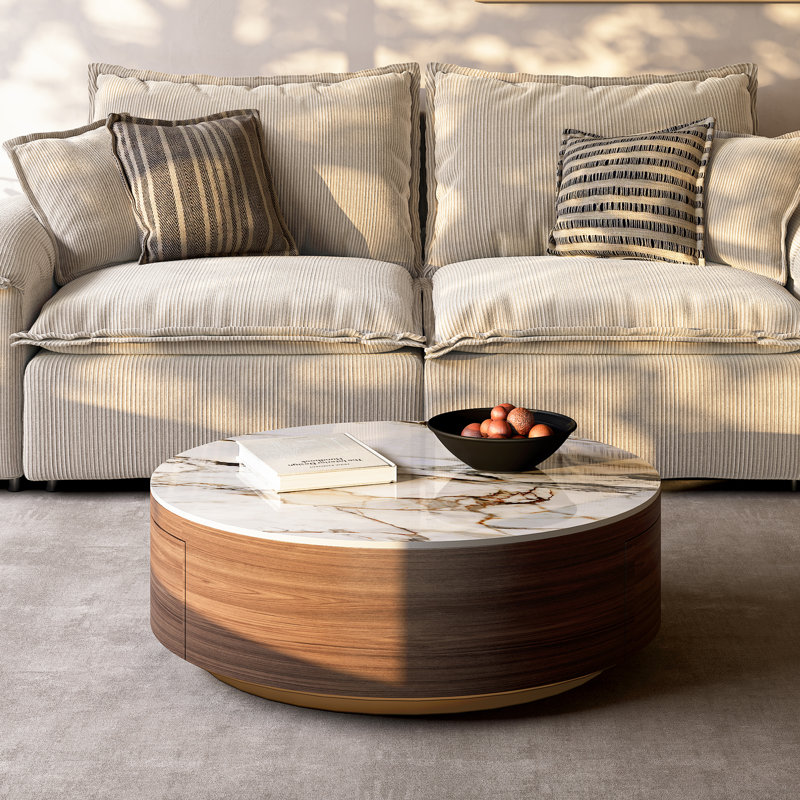 Table basse tambour, plateau en pierre frittée, 2 tiroirs en bois massif, entièrement assemblé, Brun