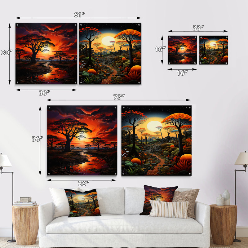 Baobab Tree Landscape III - ensemble de 2 peintures murales en acrylique Baobab, H 16 po x l 33 po
