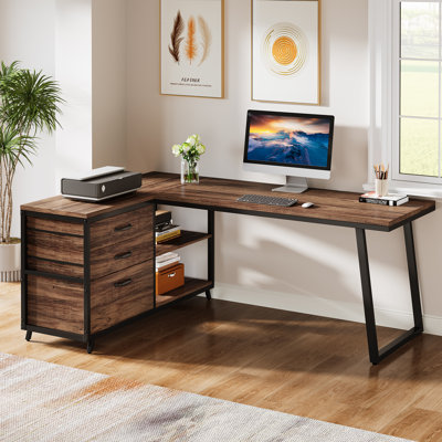 53" L Shaped Home Office Desk, Reversible Corner Computer Desk With 3 File Drawers And 2 Storage Shelves
