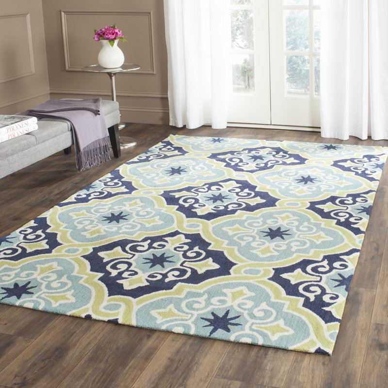 Tapis d'intérieur / extérieur bleu / beige crocheté à la main Daina Geoemtric, Rectangle 8 pi x 10 pi