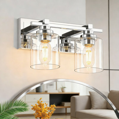 Modern 2-Light Bathroom Vanity Fixture With Clear Glass Shades, Chrome Wall Sconce For Over Mirror Installation, E26 Socket (Bulbs Not Included)