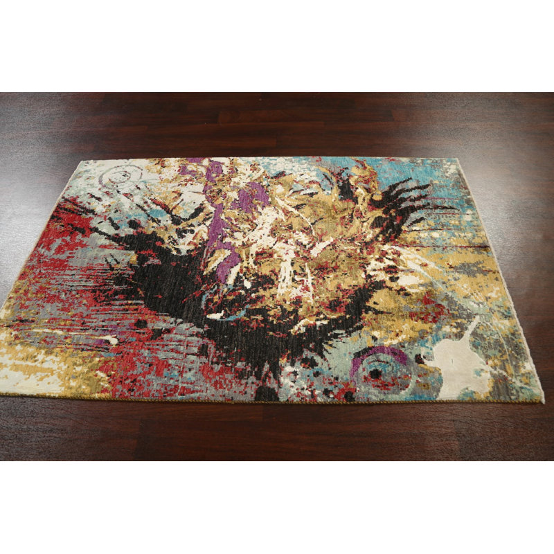Tapis unique noué à la main nouvel âge de 4 pi 1 po x 6 pi 4 po gris / or / noir / rouge New Age