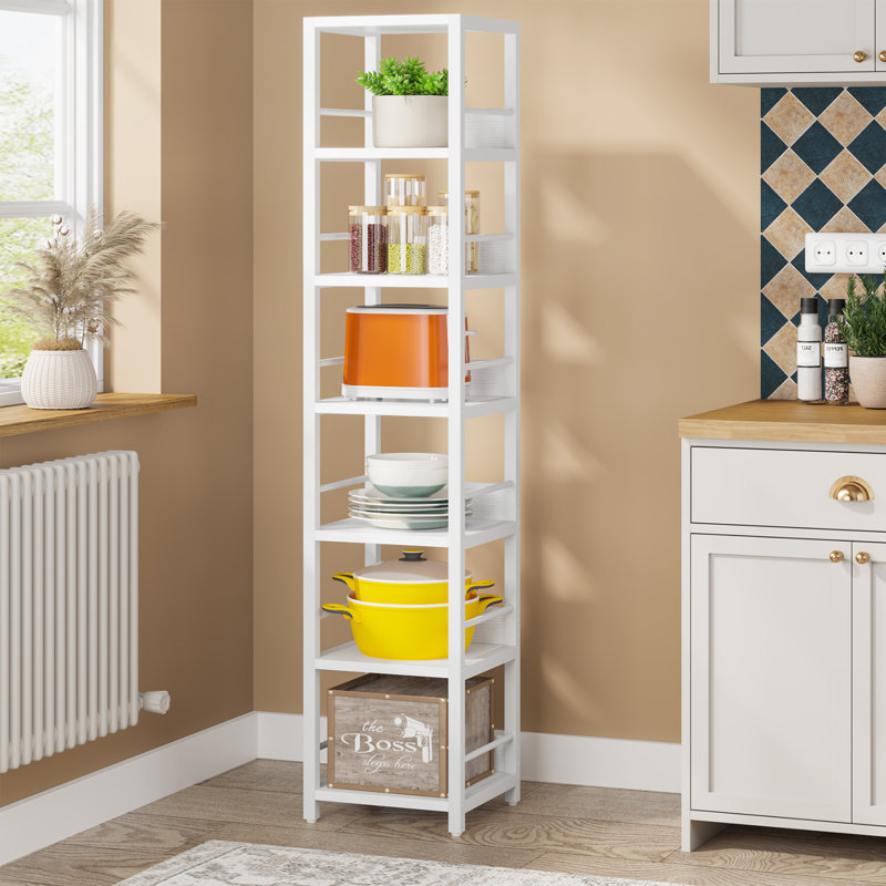 74.8" H x 13.39" W Wooden and Metal Stainless Steel Etagere Bookcase, (6 Shelves) 74.8" H x 13.39" W x 13.39" D, White