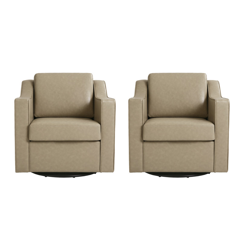 Bronnen Big And Wide Upholstered Cream Faux Leather Cushion Swivel Armchair with Removable Back and Seat Cushion (Set of 2)