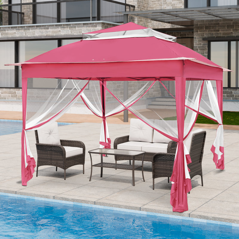 11 Ft. W x 11 Ft. D Outdoor Pop Up Soft Top Steel Patio Gazebo with Netting, Deep Pink