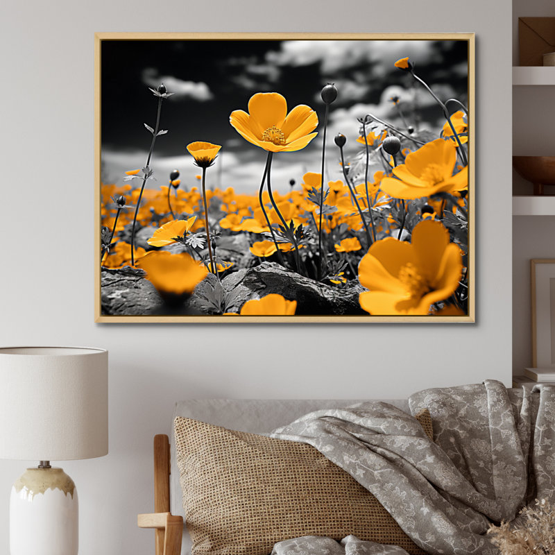 Jaune, jaune, doré, boutons d'or, noir et blanc, impression sur toile encadrée, H 32 po x l 16 po x P 1 po, Naturel