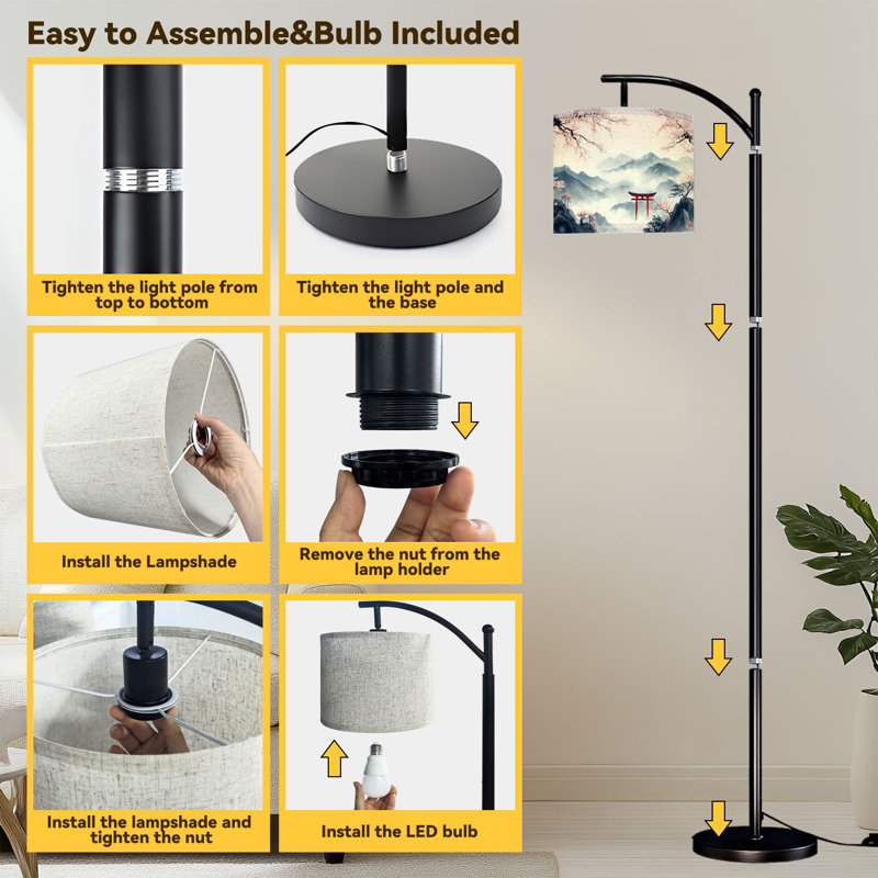 Arc Floor Lamp Scenic Japanese Mountain Landscape Torii Gate Cherry Blossoms Floor Lamps with Remote LED Lights Adjustable Lamp Shades Tall Standing Lamps for Reading Office Living Room