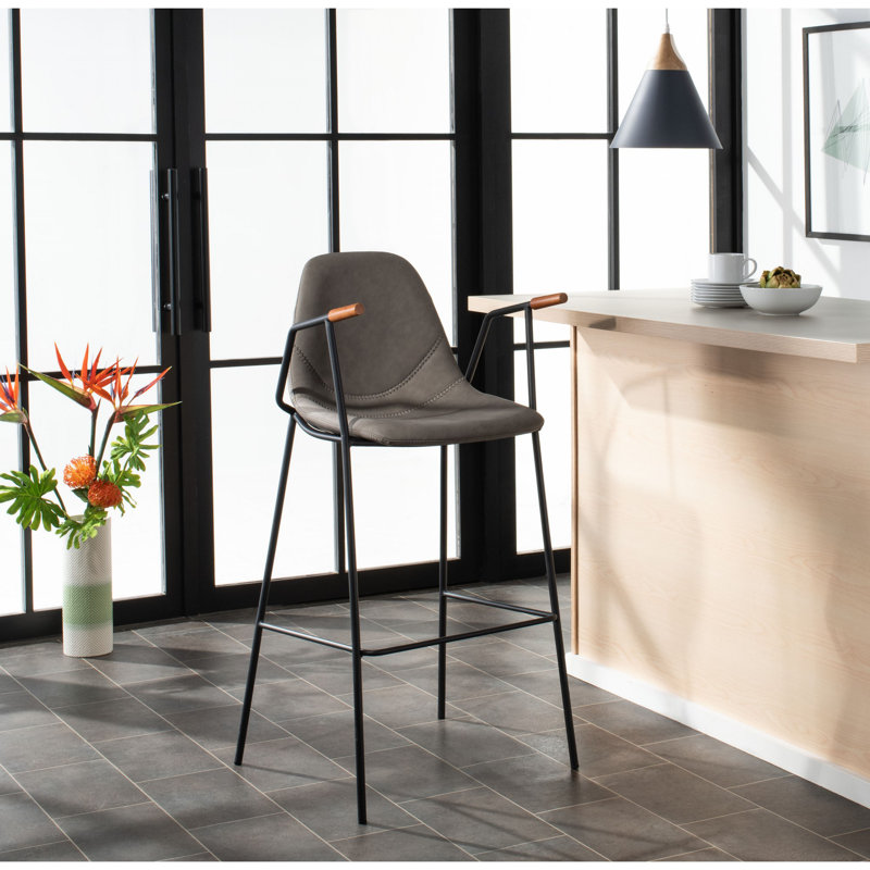 Ash Gray Leather and Metal Mid Century Bar Stool