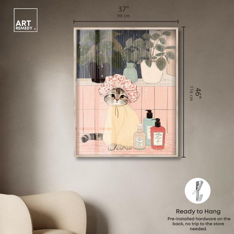 Douche, chat, animaux de compagnie, reproduction d'art par Shadowbox, H 46 po x l 37 po, Crème