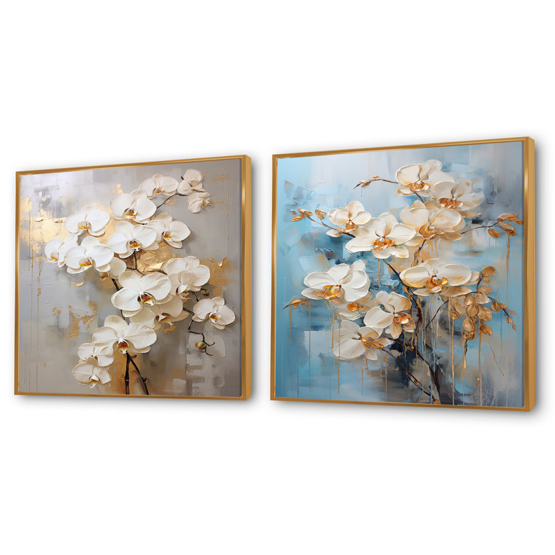 Minimalisme - Orchidées beiges et dorées - ensemble de 2 orchidées carrées, Cadre flottant doré, H 16 po x l 33 po