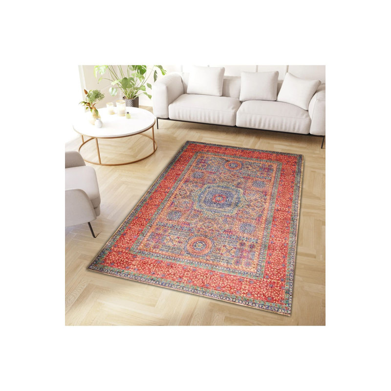 Tapis orange délavé à motif tissé délavé à la machine, Tapis de couloir 3 pi 3 po x 9 pi 10 po