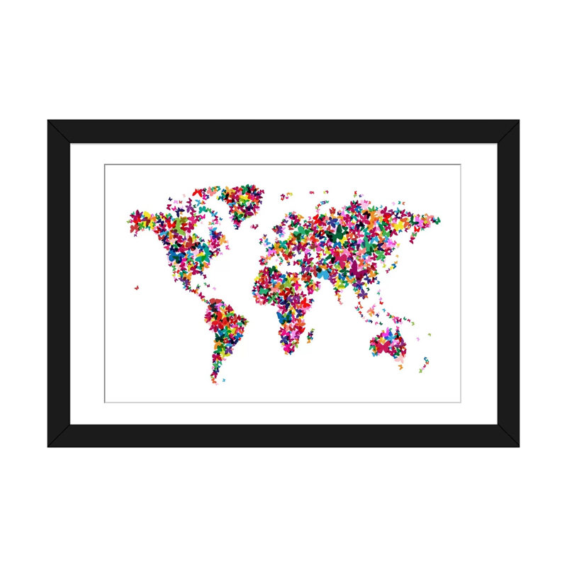 « papillons world map », impression sur toile, H 16 po x l 24 po x P 1 po, Papier avec cadre noir, Blanc