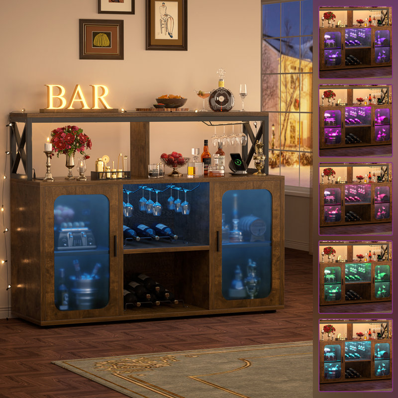 Asrf 47'' Wine Bar,Storage Buffet Cabinet Coffee Bar Cabinet For Liquor,Wine Cabinet With Racks with LEDs, Brown