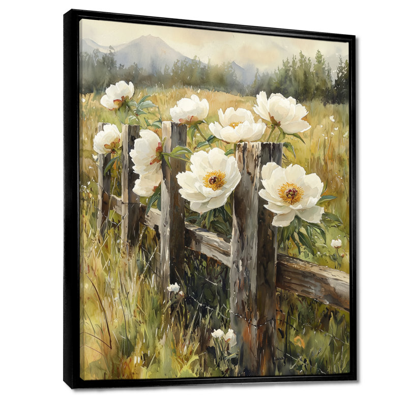 Pivoines dans la clôture pastorale I - Décoration murale pivoines, H 20 po x l 12 po, Reproduction avec cadre flottant, Noir