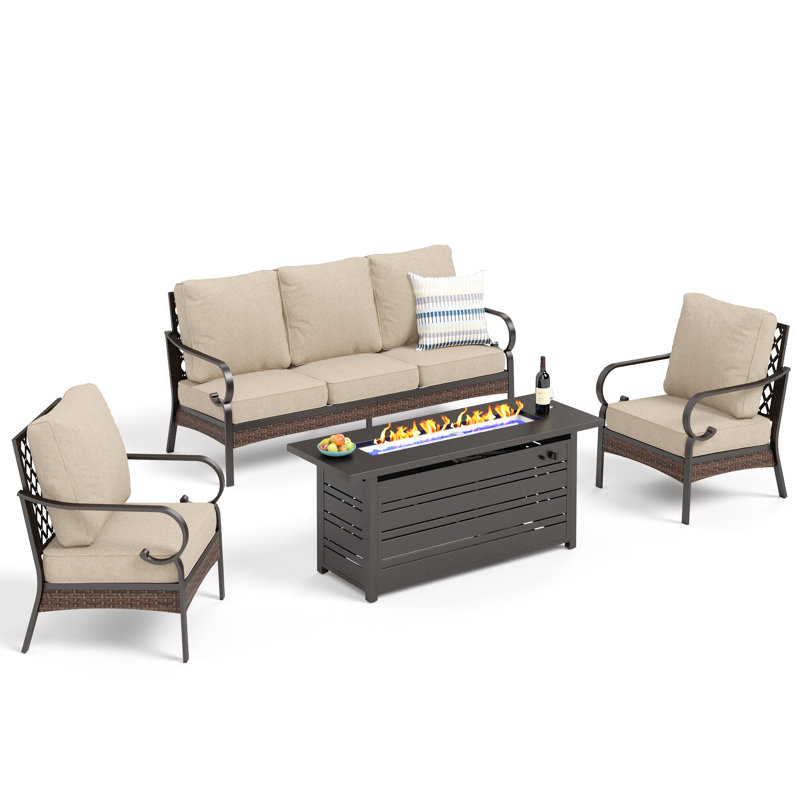 5-Person Patio Conversation Sets With Fire Pit Table, Black/Beige/Black