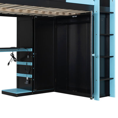 Full Size Wood Loft Bed with Desk, Multi-storage Shelves,USB and RGB Light, Cloud Blue