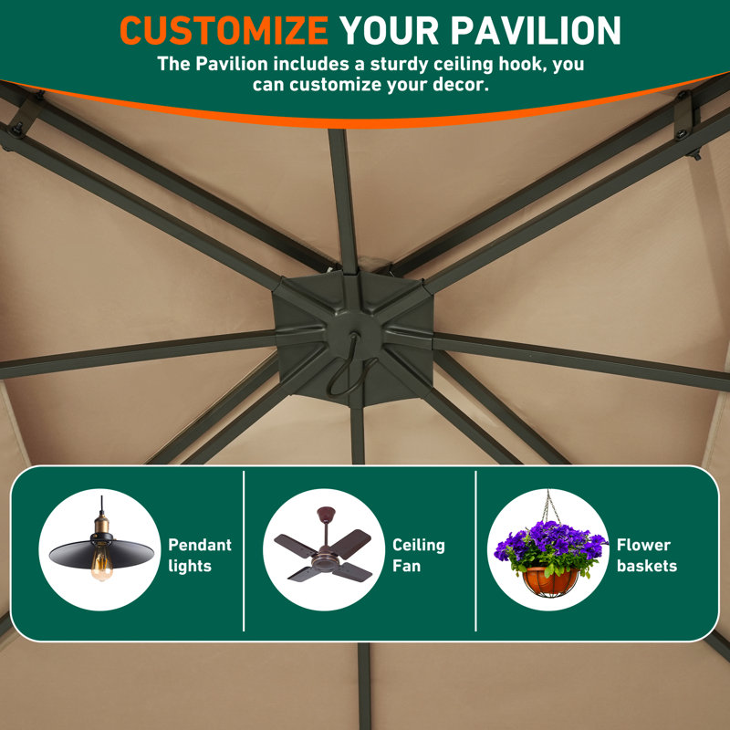 Louvre Steel Double Roof Soft Top Gazebo With LED Lighting And Bluetooth Speaker,Netting And Pravicy Curtains, Khaki