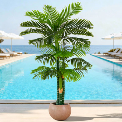 Artificial Triple Golden Cane Palm Tree in Cement Pot, 6ft Tall Fake Plant for Indoor & Outdoor Use, 1 Pack