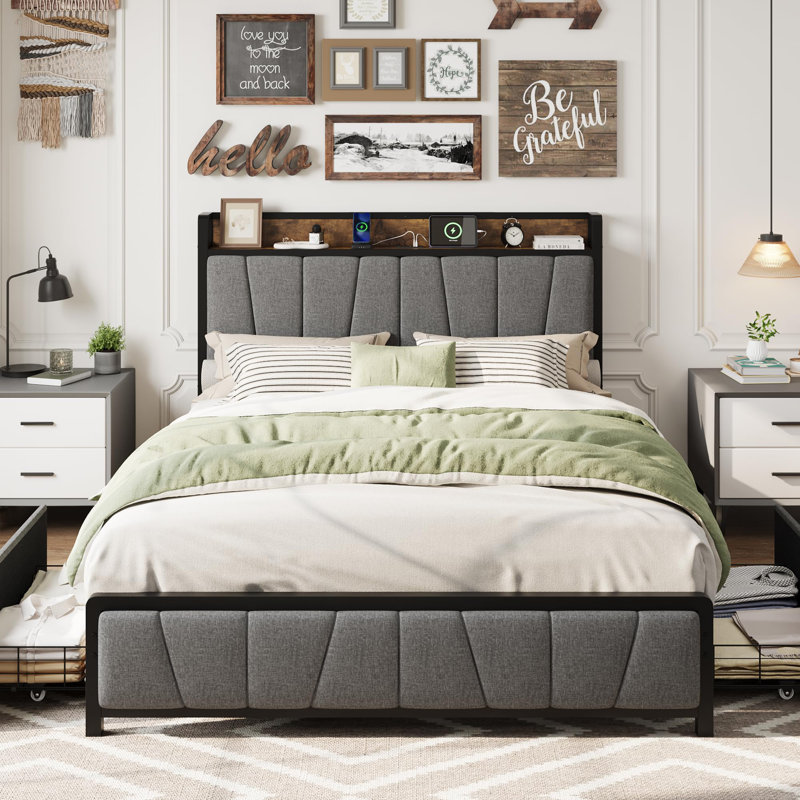 Queen Linen Upholstered Bed Frame with Storage Headboard, Charging Station & 2 Drawers, No Box Spring Needed, Queen