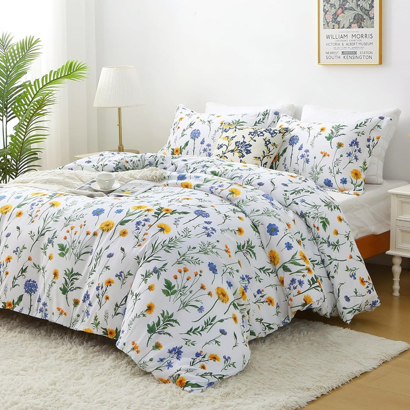 Ensemble d'édredon floral complet, literie réversible 3 pièces avec pissenlit botanique réversible avec édredon matelassé et 2 taies décoratives, ensemble de lit doux toutes saisons rétro