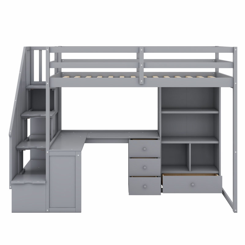 Lit mezzanine avec bureau en L et tiroirs, armoire et escalier de rangement, Gris