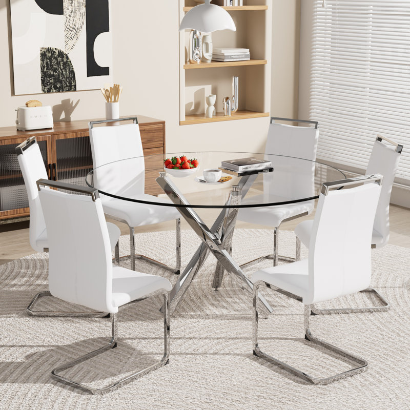 Ensemble de table de salle à manger, table ronde en verre trempé et 4 chaises rembourrées., Blanc / Blanc, 7