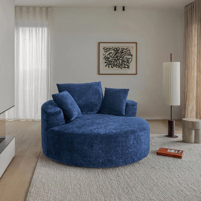 54" Blue Chenille Swivel Round Pillow accent chairs, Modern Comfortable Lounge Chair