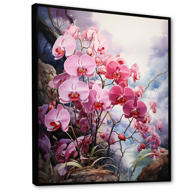 Argile délicate orchidée oasis - impression, H 20 po x l 12 po x P 1 po, Cadre flottant noir
