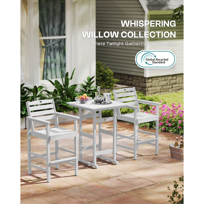 5-Piece Bar Height Outdoor Table and Chairs Set HDPE Wood Grain Patio Bar Table and Chairs with Heart Cutout Design, White