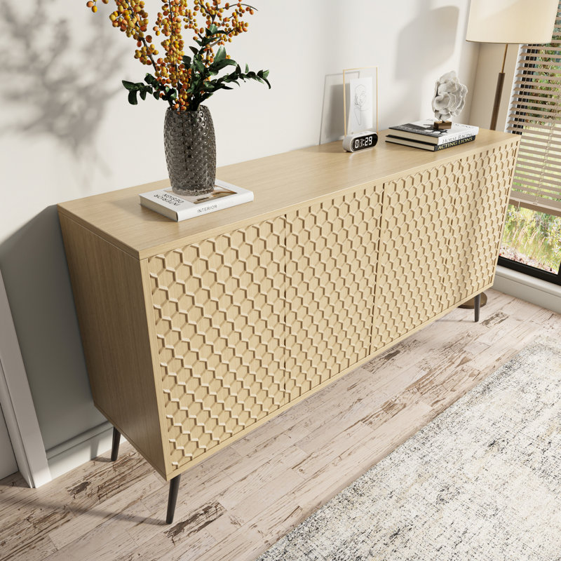 Buffet de style Mid-Century moderne de 63 po de couleur chêne, 5 pieds de support, 4 tablettes réglables, motif nid d'abeille et structure stable pour buffet d'entrée avec design, structure ultra